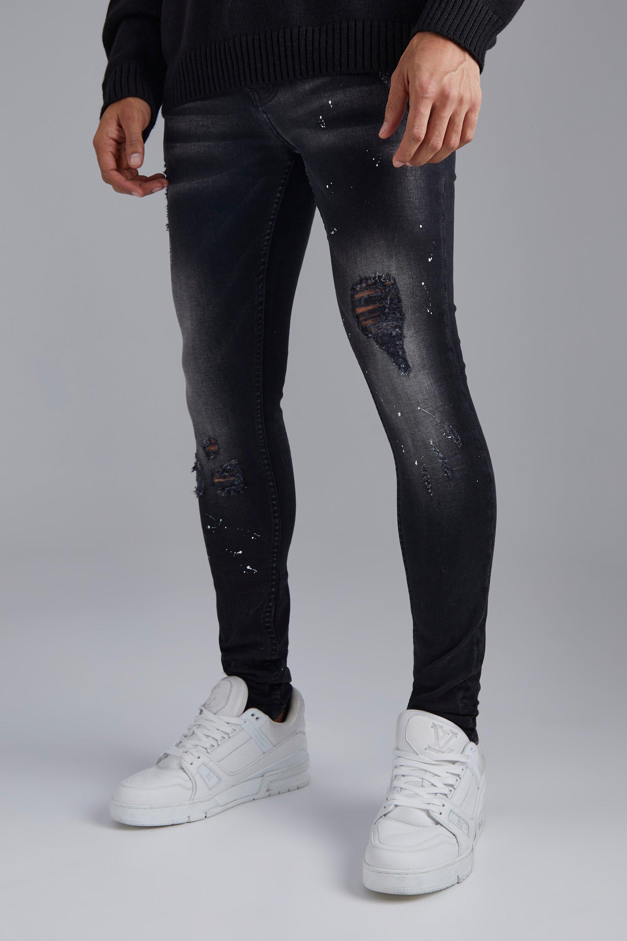 Mens Black Super Skinny Distressed Stacked Jeans, Black